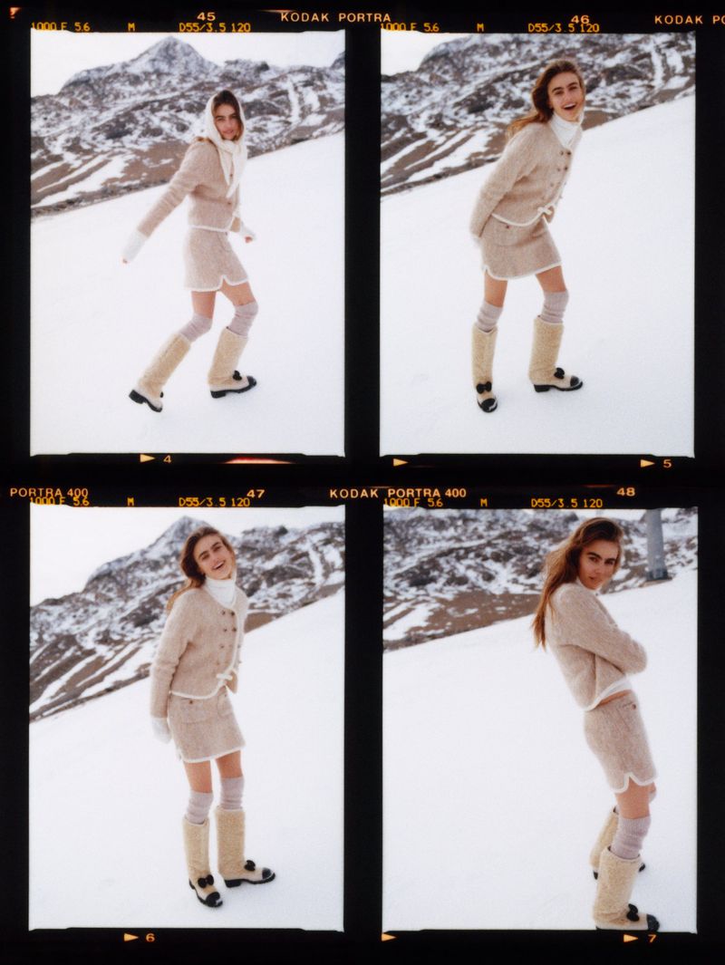 Contact sheet of four film frames showing a female model posing in a tweed outfit on a snowy slope