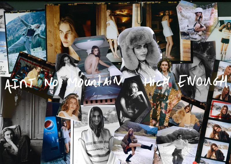 Collage of fashion model portraits, lifestyle snapshots, and studio photos with a white handwritten title, evoking a vintage mood board.