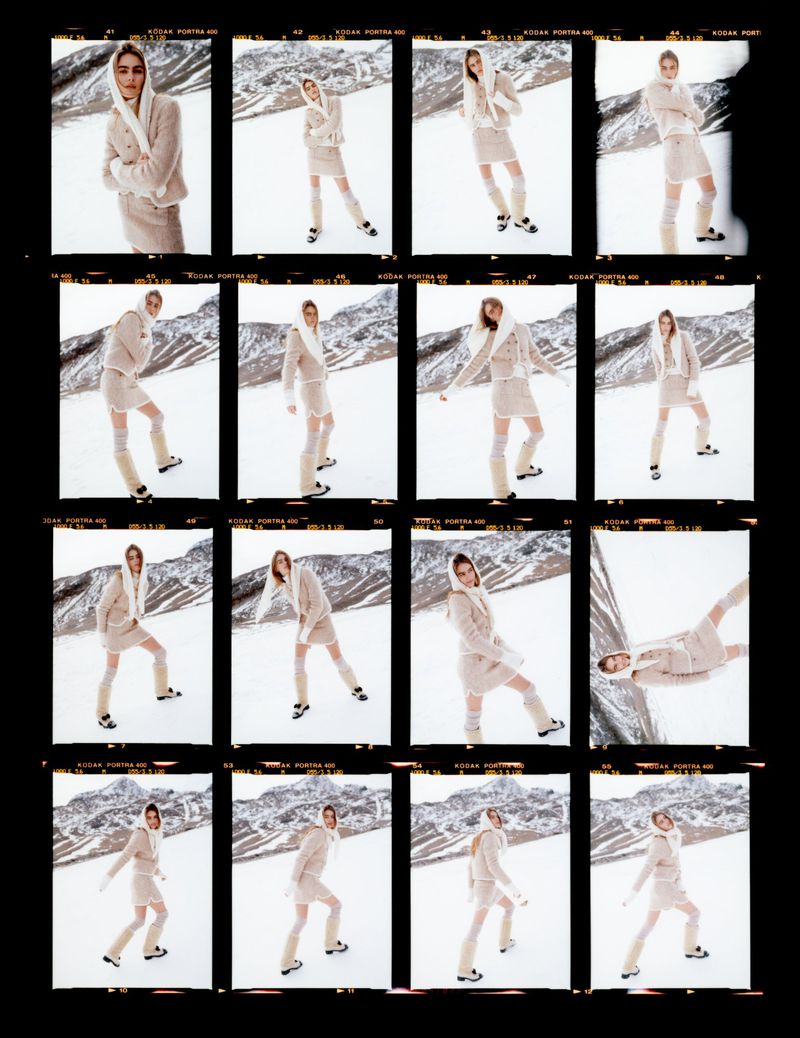 Fashion model posing in a sequence of shots against a snowy mountain backdrop, wearing a beige skirt suit and white fur accessories.