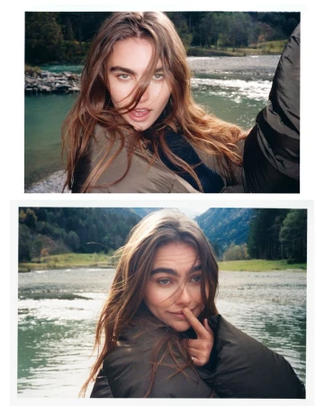 Diptych of model Mia Armstrong wearing an olive puffer coat by a mountain river for Vogue Netherlands.