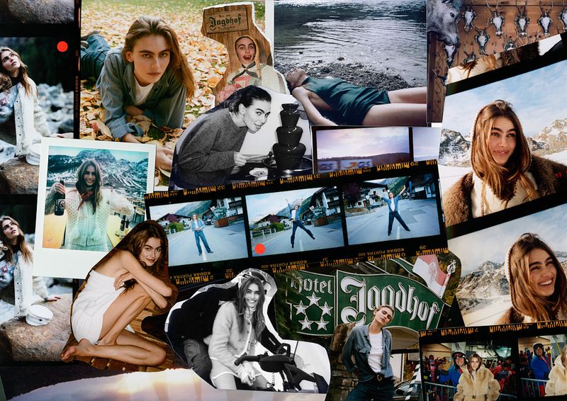 Collage of a woman with long brown hair across various settings, including a beach, mountains, and hotel, using film and photography.