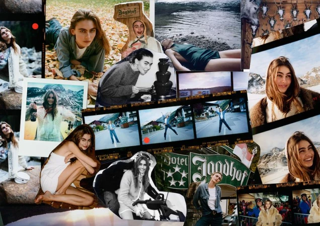 Collage of a woman with long brown hair across various settings, including a beach, mountains, and hotel, using film and photography.