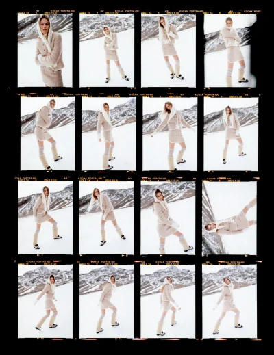 Contact sheet of model Mia Armstrong wearing a cream skirt suit and headscarf in a snowy mountain landscape for Vogue Netherlands.