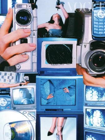 Collage of old technology and fashion images, featuring cameras, cellphones, televisions, and magazine snippets in cool, muted tones.