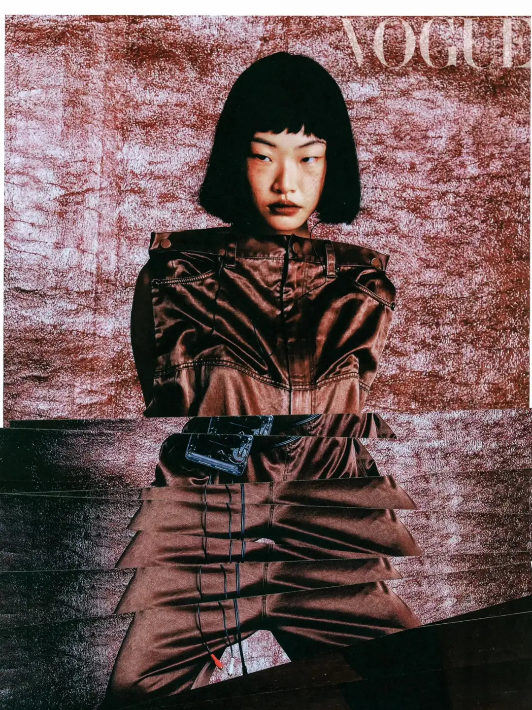 Fashion editorial featuring an Asian female model in a brown satin jumpsuit against a textured backdrop, with 'Vogue' magazine cover text.