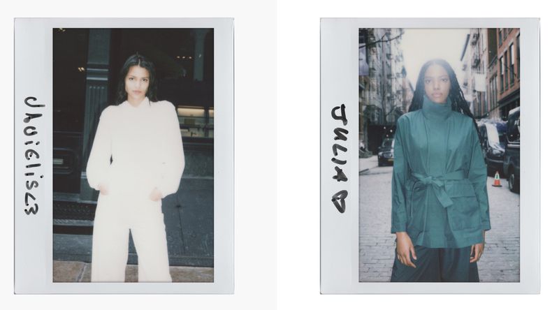 Two Polaroid-style photos of models wearing fashionable outfits, one in cream, one in teal, against urban backgrounds.
