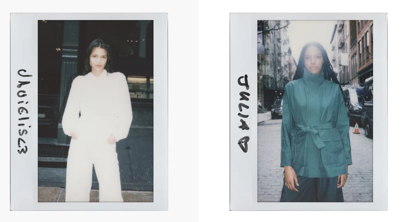 Two Polaroid-style photos of models wearing fashionable outfits, one in cream, one in teal, against urban backgrounds.