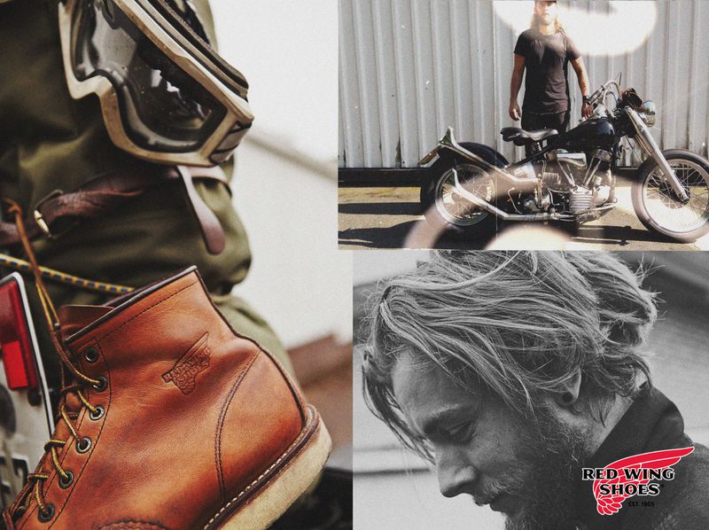 Collage of Red Wing boots, goggles, and motorcycle imagery in a vintage style. A black-and-white portrait of a male face is also included.