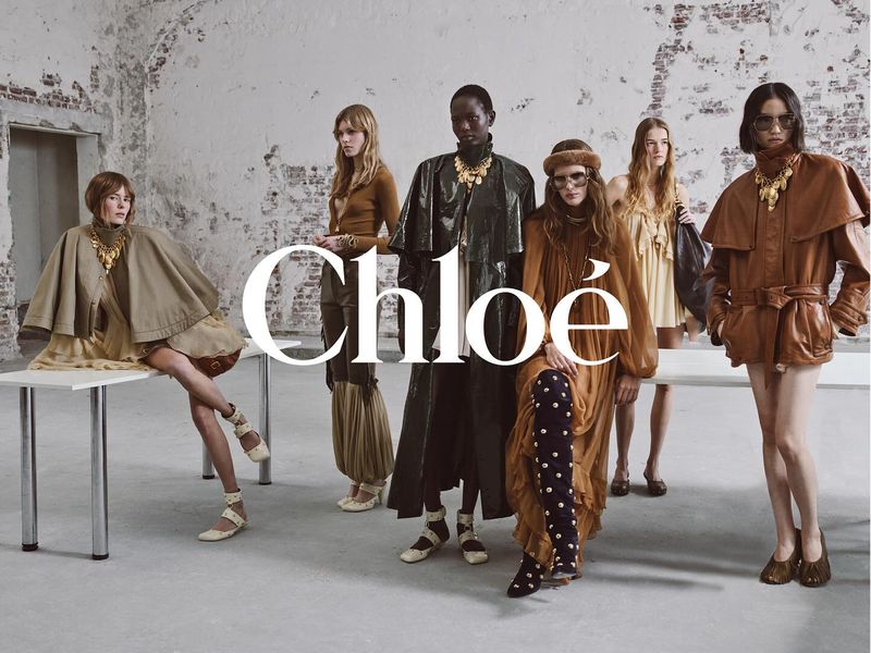 Fashion editorial featuring six diverse women in Chloe's fall collection, posing in a renovated room with the brand's logo superimposed.