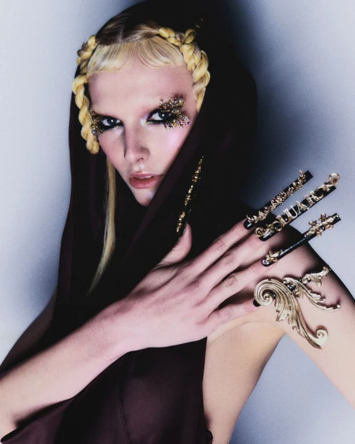 Eye-level portrait of a woman with blonde braided hair and dramatic eye makeup wearing a hooded brown top in a light studio.