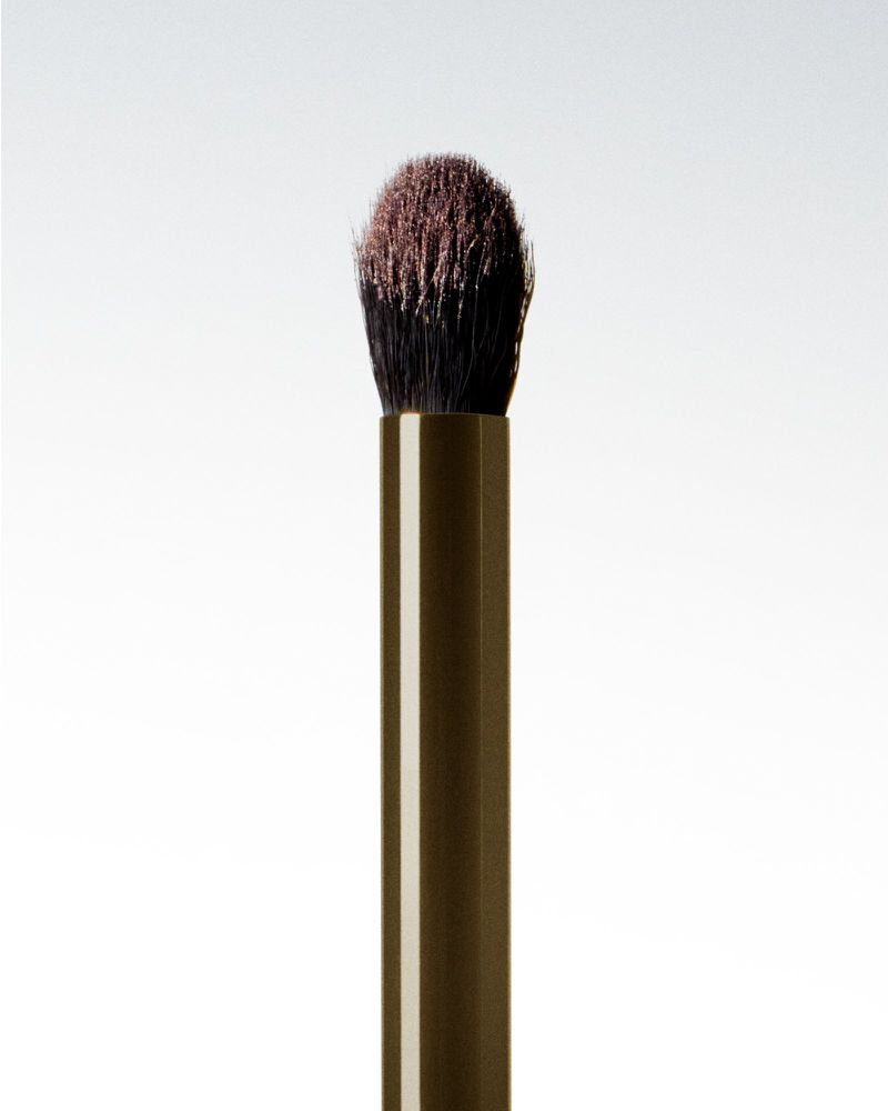 Close-up of a makeup brush featuring soft, two-toned bristles and a smooth handle on a clean, neutral background, promoting beauty and cosmetic tools.