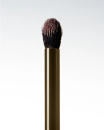 Close-up product shot of a makeup brush with dark brown bristles against a clean gradient background.