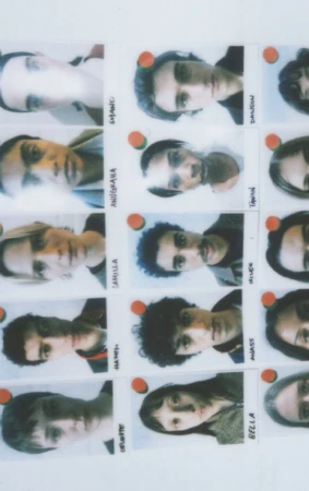 Collage of multiple Polaroid-style headshots of people with names below each image. The portraits are arranged in rows and columns.