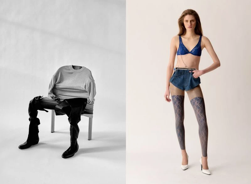 Two images side-by-side: on the left, headless torso on a chair; on the right, a woman poses in a bra, denim shorts, and patterned tights.