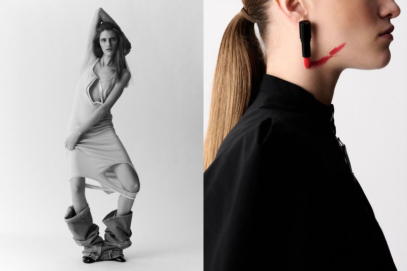 Two-panel fashion shot: a woman in a dress and jeans-boots next to a model wearing lipstick earring and face paint in photo studio.