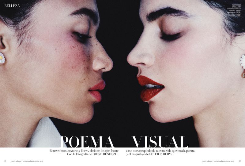 Close-up profile portraits of two women showcasing beauty makeup with red lipstick, flower earrings, and natural skin textures against a black background.
