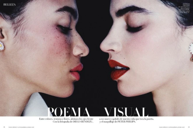 Profile close-up of two models facing each other with distinct makeup looks and daisy earrings against a dark background.