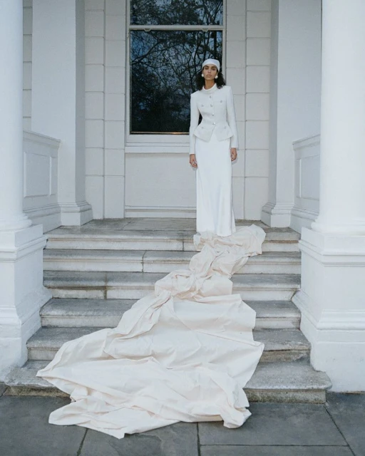 Elegant woman in white suit stands on stairs with flowing fabric. Outdoor fashion portrait with natural light and architectural backdrop.