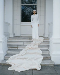 Model standing on stone steps in a white tailored skirt suit with a flowing fabric train spilling down the stairs.