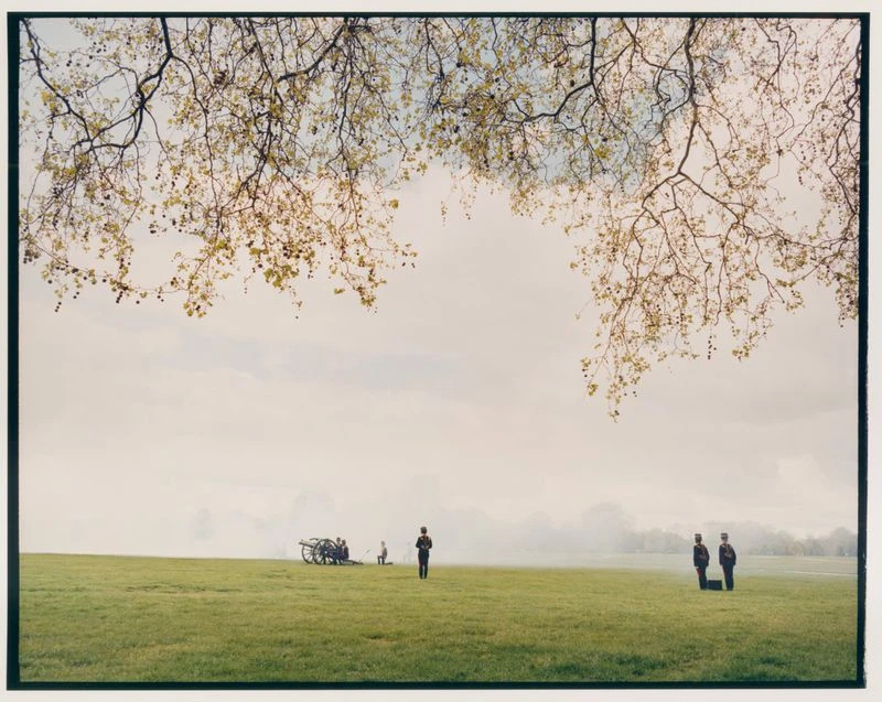 Cannon demonstration on a grassy field with soldiers, observed beneath tree branches against a bright sky in a vintage outdoor scene.