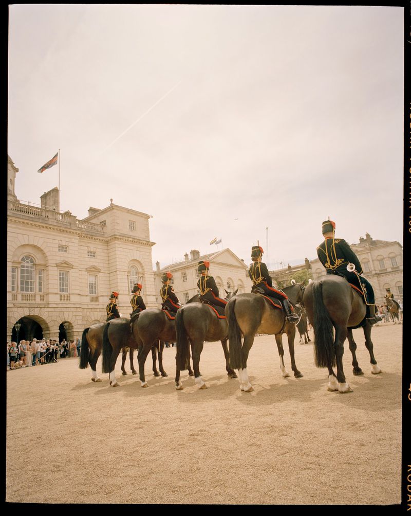 Mounted members of the Household Cavalry in ceremonial uniform on horseback in front of a light-colored building with a flag on the roof.
