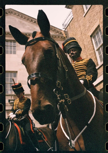Two mounted Household Cavalry soldiers in ceremonial uniform, one in the foreground, with a government building in the background.