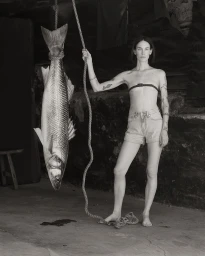 Model Jane Moseley poses barefoot in denim shorts holding a rope connected to a large suspended fish in a black and white portrait.