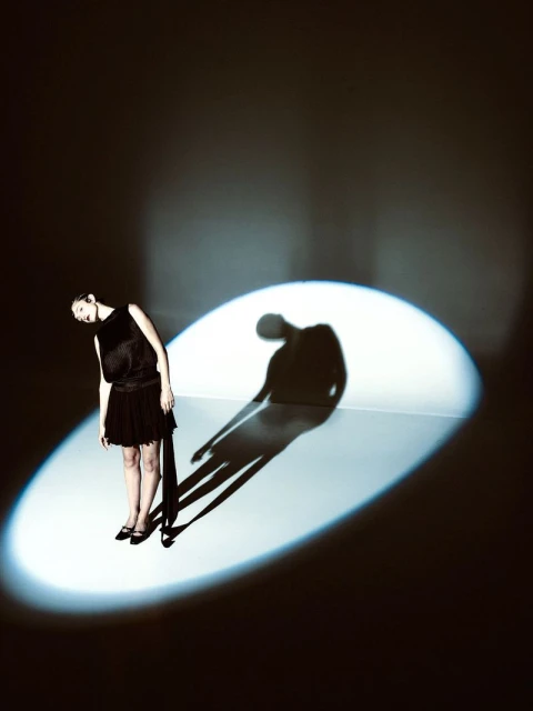 A woman in a black dress stands in a spotlight, casting a long shadow on a dark background, evoking a sense of mystery and performance.