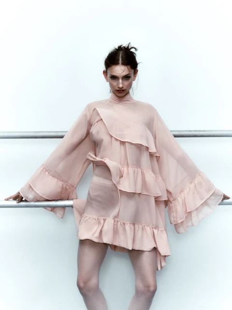 A stylish adult woman with neutral expression poses in a light pink dress with ruffles against a white background with metal bars.