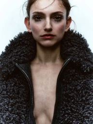 Close-up portrait of a woman wearing an unzipped black textured shearling jacket against a white studio background.