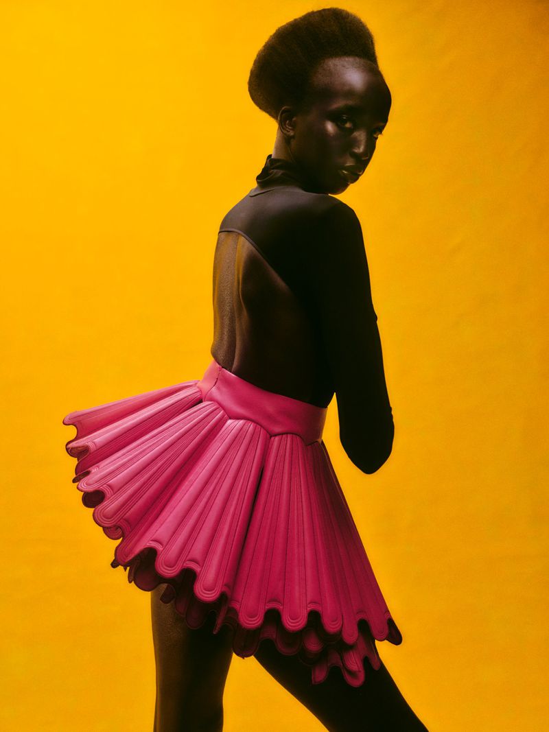 A woman with dark skin and an elaborate hairstyle poses in a studio wearing a black top and a pink skirt with scalloped trim.