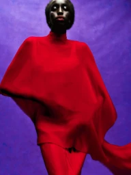 Model Nyaueth Riam posing in a flowing scarlet red cape dress against a vivid purple backdrop for Grazia UK.
