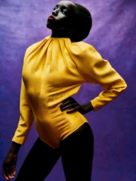 Model Nyaueth Riam wearing a yellow long-sleeved top against a purple textured background for Grazia UK