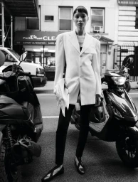 Model standing on a city street between parked motorbikes wearing an oversized white blazer and black trousers