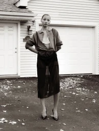 Model standing outdoors wearing a collared shirt and sheer dark skirt in front of a suburban home garage
