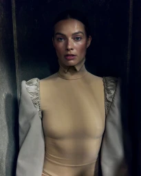 Portrait of Margot Robbie wearing a high-collared beige top with gathered sleeves against a dark textured background.