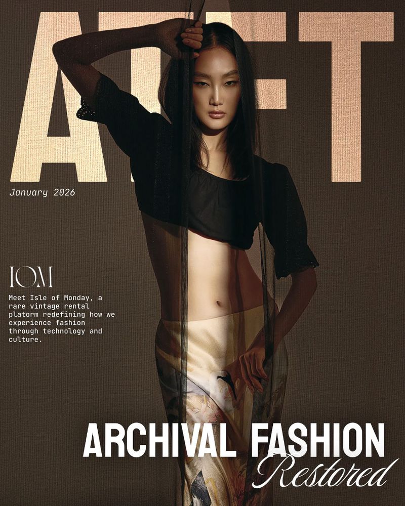 Fashion magazine cover featuring an Asian model in a cropped top and patterned skirt, set against a textured brown background. Text overlays.