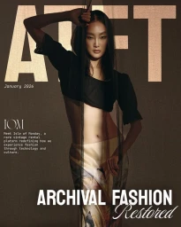 Magazine cover featuring an east asian woman posing in a black crop top and patterned skirt under dramatic studio lighting.