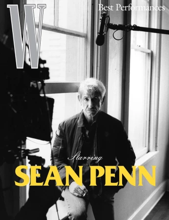 Black and white magazine cover featuring Sean Penn next to a large window with filming equipment and bright yellow text.