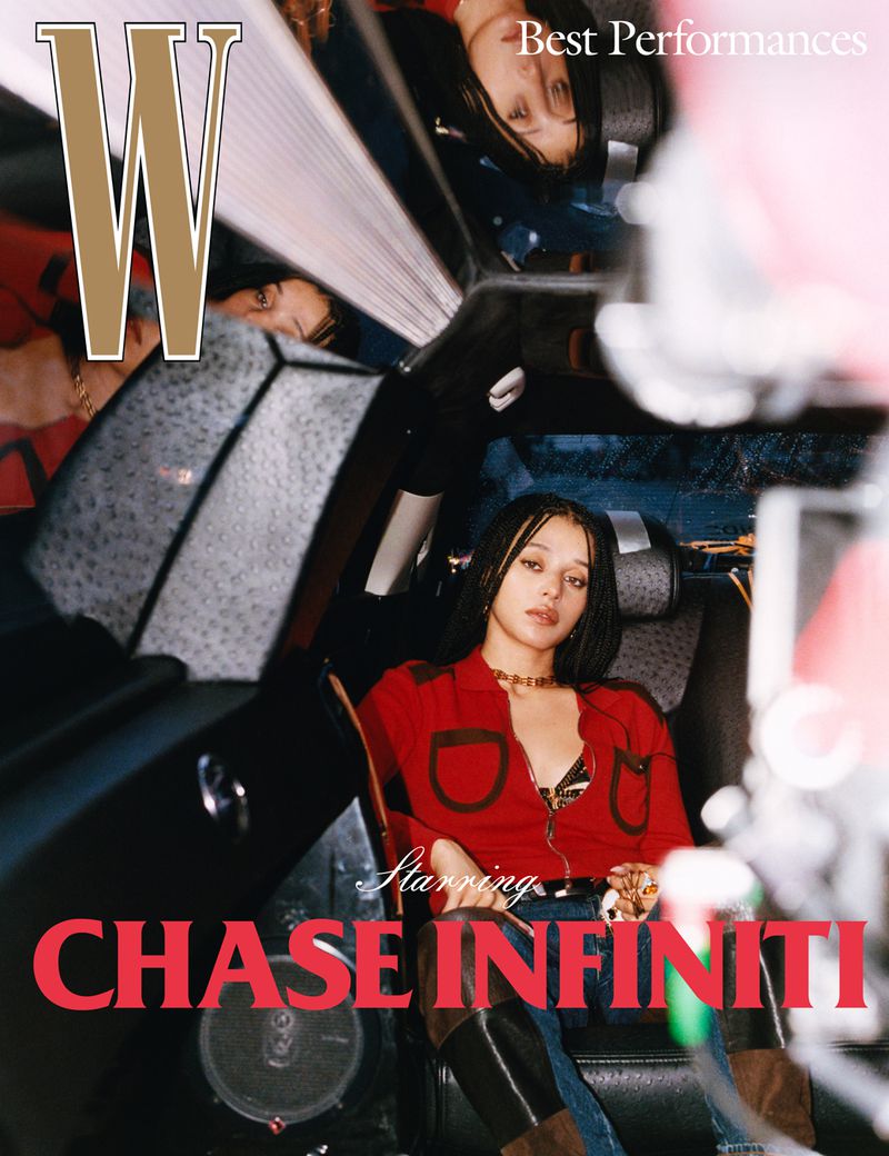 Magazine cover featuring Chase Infiniti, photographed indoors in car setting, with 'W' logo and 'Best Performances' text.