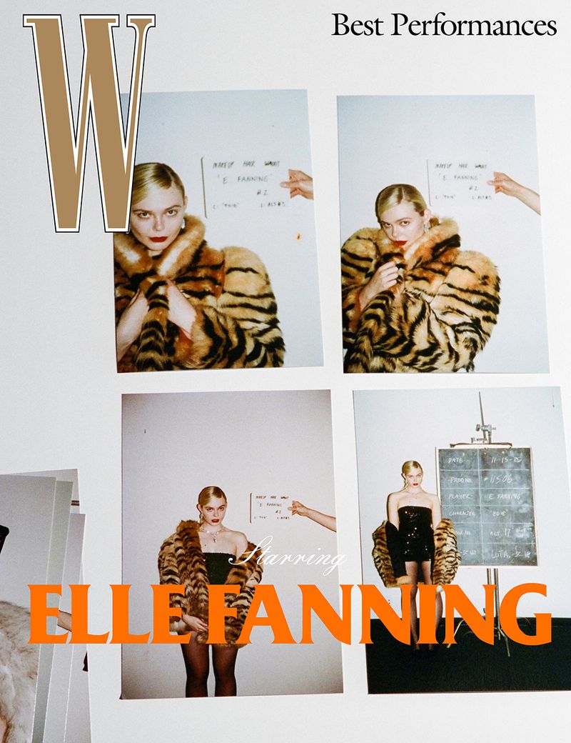 Elle Fanning in a collage of photos for W Magazine's Best Performances, featuring a tiger-striped coat and bold red lipstick.