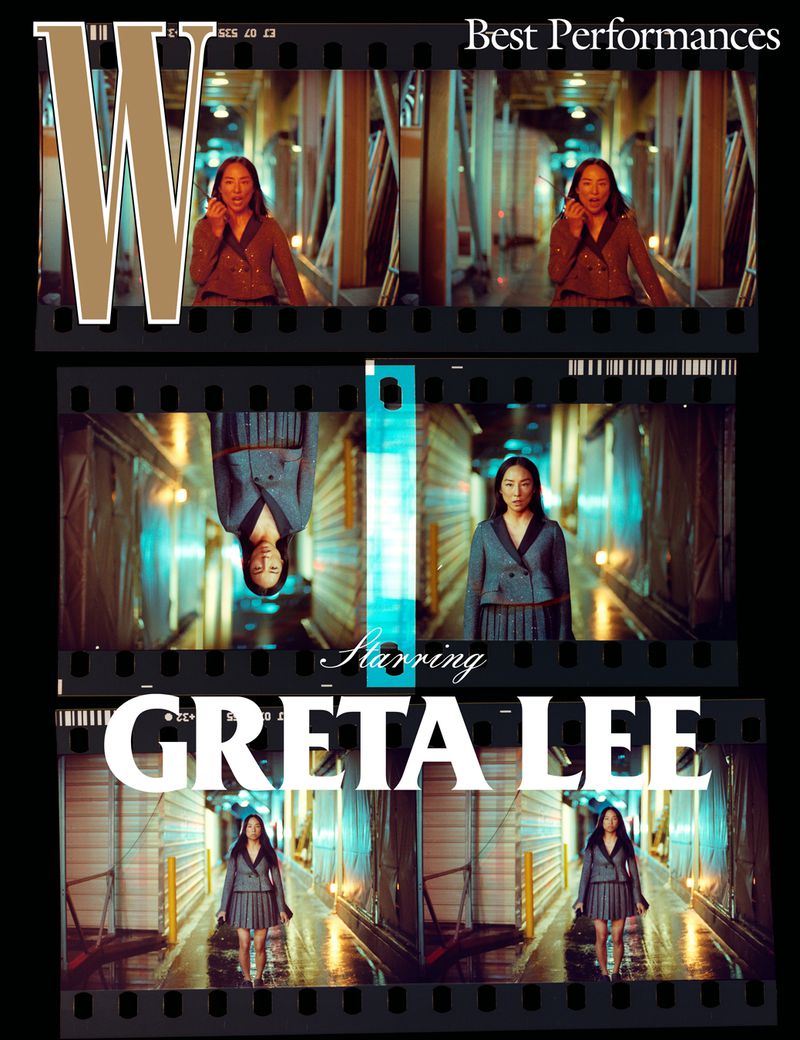 Greta Lee stars in a cinematic frame of a corridor scene, featured in film strip style, with a symmetrical composition and urban lighting.