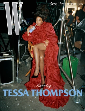 Actress Tessa Thompson in editorial fashion portrait with a large ruffled dress and hairstyle for 'W' magazine Best Performances.