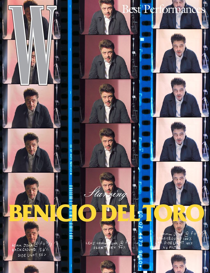 Magazine cover featuring a grid of Benicio Del Toro headshots against a backdrop of film strip elements and the magazine's 'W' logo.