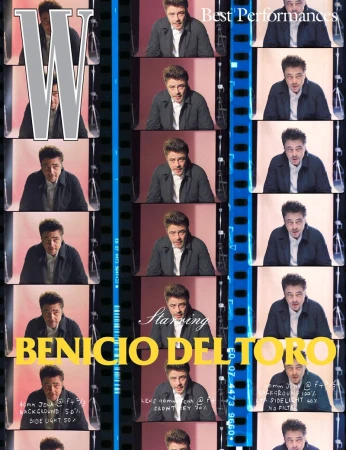 Magazine cover featuring a grid of Benicio Del Toro headshots against a backdrop of film strip elements and the magazine's 'W' logo.