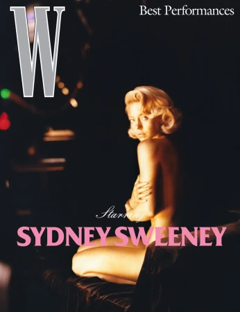 Sydney Sweeney is featured on a 'W' magazine cover with a soft, dark background and pink text at the bottom.