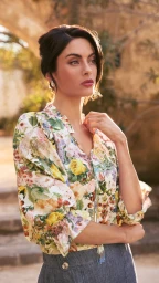 Woman wearing a floral print blouse and grey skirt outdoors in a sunlit historic setting, photographed by Steve Tognazzini.