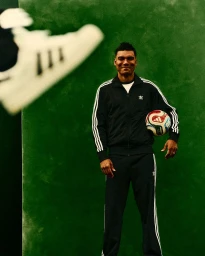 Man in a black Adidas tracksuit holding a World Cup soccer ball against a green backdrop with a blurred sneaker in the foreground.