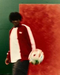 A Black man in a red Adidas track jacket moves with a spinning soccer ball against a split green and red backdrop.