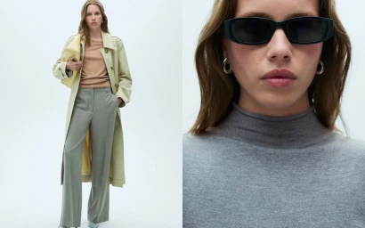 Model wearing a light trench coat, beige knit top, and grey trousers, alongside a portrait with dark sunglasses.